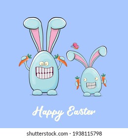 Caricatura divertida caricatura conejo azul de Pascua aislado en el fondo naranja. Etiqueta o pegatina de conejo lindo azul dibujada a mano de Pascua