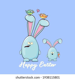 Cartoon funny cartoon blue easter bunny isolated on orange background. Easter hand drawn blue cute rabbit sticker or label
