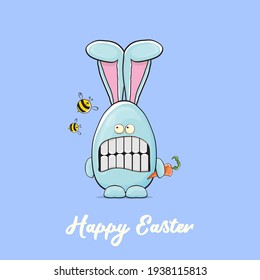 Cartoon funny cartoon blue easter bunny isolated on orange background. Easter hand drawn blue cute rabbit sticker or label