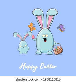 Cartoon-lustiges Cartoon-blaues Osterbunny einzeln auf orangefarbenem Hintergrund. Osterhandgezeichnet, blauer, süßer Kaninchenaufkleber oder -etikett