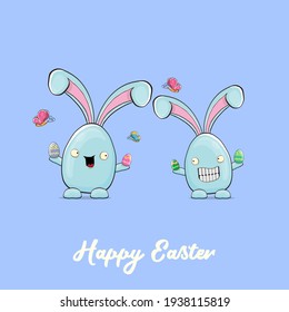 Cartoon funny cartoon blue easter bunny isolated on orange background. Easter hand drawn blue cute rabbit sticker or label