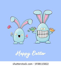 Cartoon funny cartoon blue easter bunny isolated on orange background. Easter hand drawn blue cute rabbit sticker or label