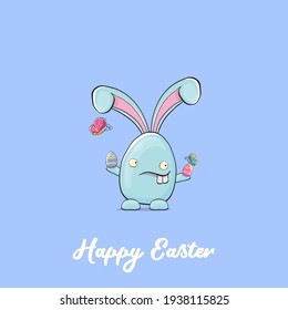 Caricatura divertida caricatura conejo azul de Pascua aislado en el fondo naranja. Etiqueta o pegatina de conejo lindo azul dibujada a mano de Pascua