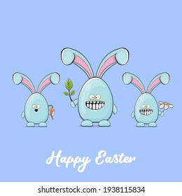 Cartoon funny cartoon blue easter bunny isolated on orange background. Easter hand drawn blue cute rabbit sticker or label