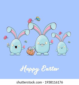 Caricatura divertida caricatura conejita azul de Pascua sosteniendo el respaldo de Pascua lleno de coloridos huevos de Pascua aislados en fondo blanco. Etiqueta o pegatina de conejo lindo azul dibujada a mano de Pascua