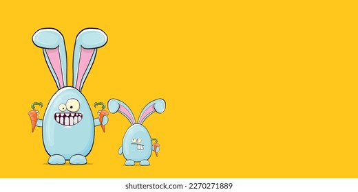 Caricatura divertida caricatura conejita azul de Pascua sosteniendo zanahorias naranjas aisladas en el fondo de una bandera horizontal naranja. Etiqueta o pegatina de conejo lindo azul dibujada a mano de Pascua