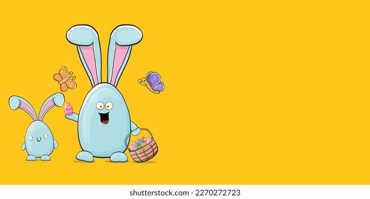 Cartoon funny cartoon blue easter bunny holding easter backet with full of colorful easter eggs isolated on orange horizontal banner background. Easter hand drawn blue cute rabbit sticker or label