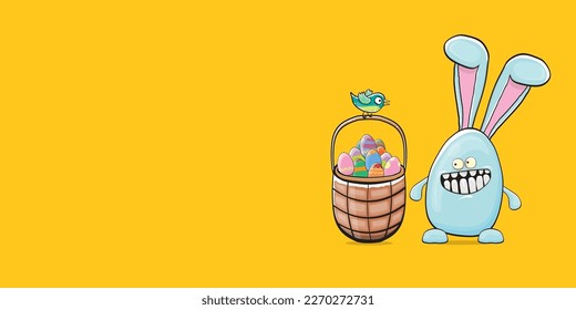 Cartoon funny cartoon blue easter bunny holding easter backet with full of colorful easter eggs isolated on orange horizontal banner background. Easter hand drawn blue cute rabbit sticker or label
