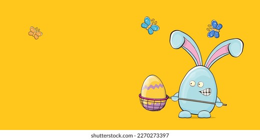 Cartoon funny cartoon blue easter bunny holding butterfly net full of colorful easter eggs inside isolated on horizontal banner pink background. Easter hand drawn blue cute rabbit sticker or label
