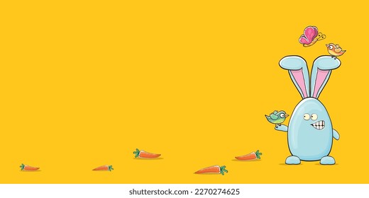 Cartoon lustige Cartoon blauen Ostersonne einzeln auf orangefarbenem, horizontalem Banner-Hintergrund. Osterhandgezeichnet, blauer, süßer Kaninchenaufkleber oder -etikett