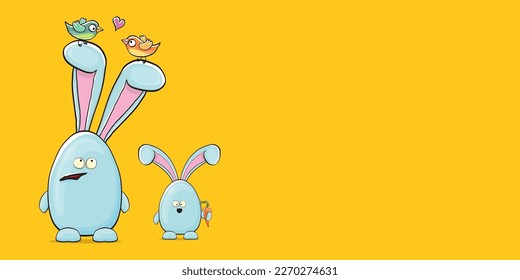 Cartoon funny cartoon blue easter bunny isolated on orange horizontal banner background. Easter hand drawn blue cute rabbit sticker or label