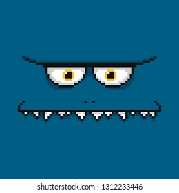 Cartoon funny blue monster face with teeth. Square monster avatar in pixel art style.