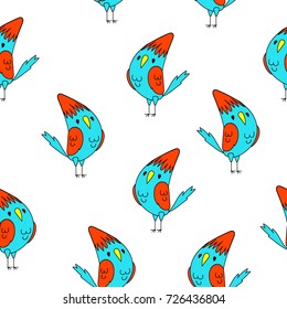Cartoon funny blue and red bird seamless. Color pattern.