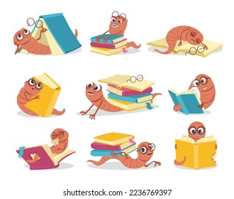 Cartoon funny book worm. Smart little caterpillar. Well read character. Cute bug with glasses. Crawling insect learns. Library and bookstore mascot. Splendid vector