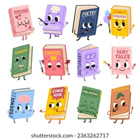 Cartoon funny books characters. Cute kids mascots with different emotions, various genres literary volumes, smiling faces. Poetry and fairy tales. Detective and romance. Tidy vector set