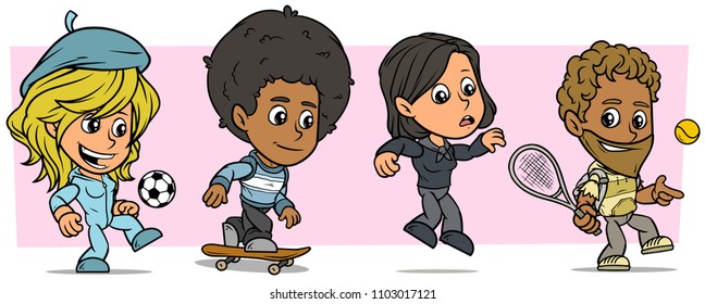 Cartoon funny boy and girl characters. Vol. 7. Skateboarder, Footbal and Tennis player. Vector icons set.