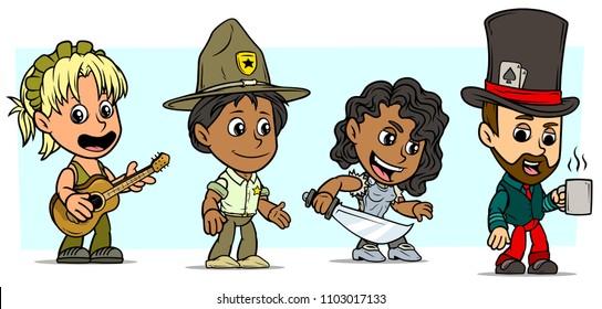 Cartoon funny boy and girl characters. Vol. 8. Musician and Ranger. Warrior and Magician. Vector icons set.