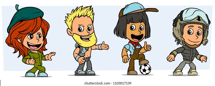 Cartoon funny boy and girl characters. Vol. 1. Pilot and Player. Redhead and Cyborg. Vector icons set.