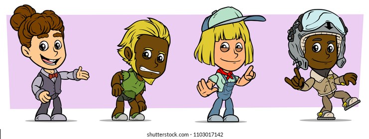 Cartoon funny boy and girl characters. Vol. 3. Pilot and Farmer. Wildman and Teacher. Vector icons set.