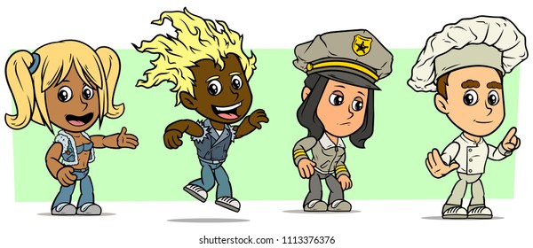 Cartoon funny boy and girl characters. Vol. 16. Policeman, Dancer and Chef cook. Vector icons set.