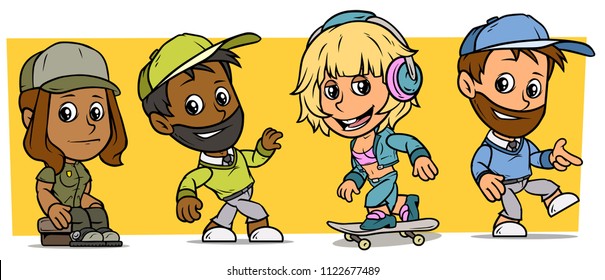 Cartoon funny boy and girl characters. Vol. 30. Skateboarder, ranger and student. Vector icons set