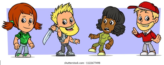 Cartoon funny boy and girl characters. Vol. 28. Cyborg and students. Vector icons set.