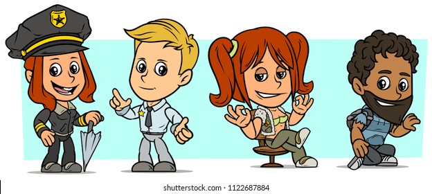 Cartoon funny boy and girl characters. Vol. 40. Policeman, detective and student. Vector icons set