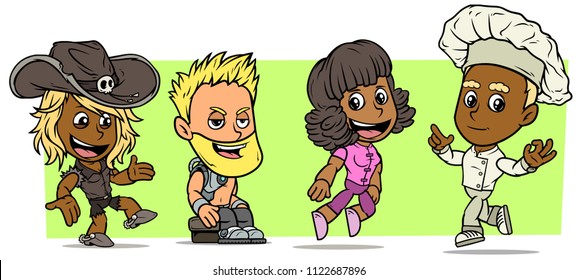 Cartoon funny boy and girl characters. Vol. 34. Cowgirl, cyborg and chef cook. Vector icons set.