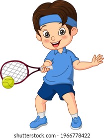Cartoon funny boy playing tennis