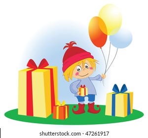 Cartoon funny boy with present and gifts