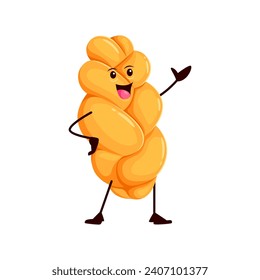 Cartoon funny braided bread character. Isolated vector whimsical crusty challah loaf personage, golden and aromatic, with friendly smile and delightful twist ready to bring joy to any bakery adventure