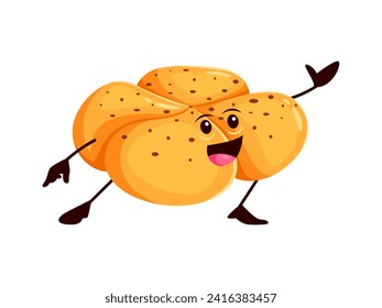 Cartoon funny bread and bakery character. Isolated vector sizzling, golden-brown hot cross bun personage with a mischievous smile, playful eyes and raisin peek out, tempting with warm deliciousness