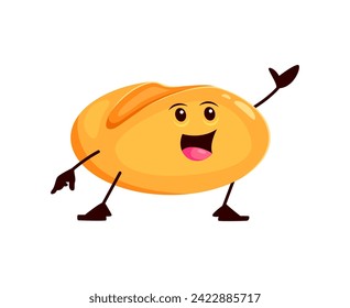 Caricatura divertida de pan y de panadería. Ropa vectorial aislada redonda, pastelería dorada-marrón con una sonrisa cálida, corteza crujiente e interior suave. Su aroma invita a saborear su deliciosa y dura personalidad