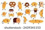 Cartoon funny bread and bakery characters. Vector loaf, pretzel, donut, toast and cookie. Braided or round shaped bread, khachapuri, cross bun, baguette and patty. Croissant, cupcake baked personages
