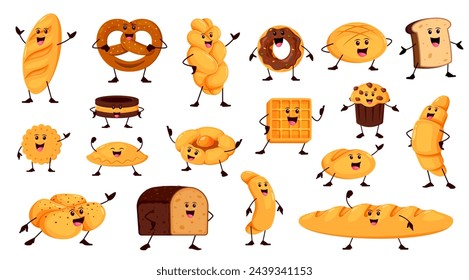 Cartoon funny bread and bakery characters. Vector loaf, pretzel, donut, toast and cookie. Braided or round shaped bread, khachapuri, cross bun, baguette and patty. Croissant, cupcake baked personages