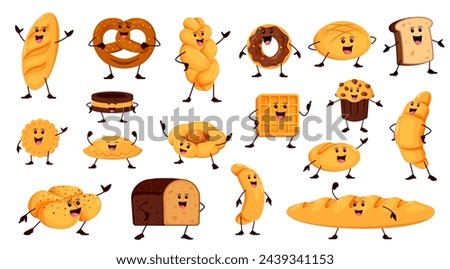 Cartoon funny bread and bakery characters. Vector loaf, pretzel, donut, toast and cookie. Braided or round shaped bread, khachapuri, cross bun, baguette and patty. Croissant, cupcake baked personages