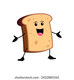 Cartoon funny bread toast character. Isolated vector quirky bakery personage with a smiling face, golden brown and crispy crust, radiates warmth and breakfast charm, ready to brighten the morning