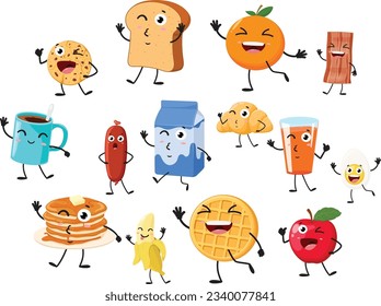 Cartoon funny Breakfast food, toast, coffee cup, burger, sausage, milk, hot dog, donut and fruits, set of Cute characters, Isolated on white background