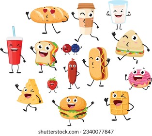 Caricatura divertida Desayuno de comida, tostadas, taza de café, hamburguesa, salchichas, leche, perritos calientes, donut y frutas, conjunto de personajes Cute, Aislado sobre fondo blanco