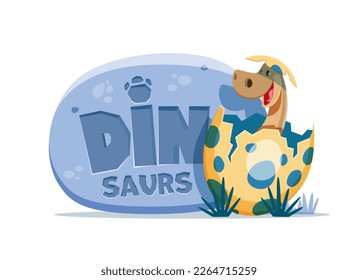 Cartoon funny Brontosaurus dinosaur character and dino egg. Comical prehistoric animal, extinct reptile or lizard baby vector sticker. Jurassic era newborn Brontosaurus dinosaur personage in egg shell