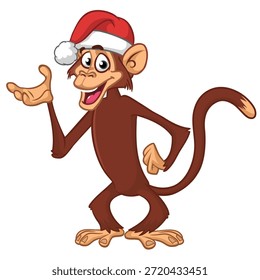 Chimpanzé macaco marrom engraçado de desenhos animados usando chapéu de Papai Noel. Ilustração vetorial para a festa de Natal ou Ano Novo