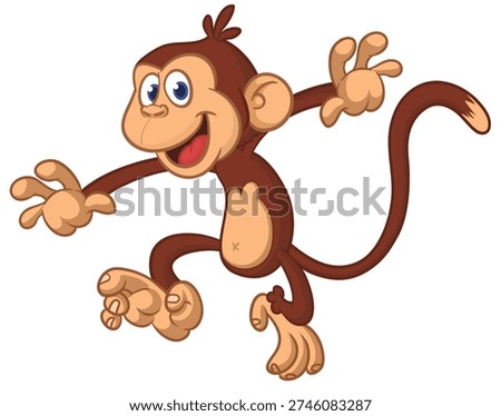 Cartoon funny brown monkey chimpanzee jumping or dancing. Vector illustration isolated on white.
