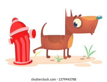 Cartoon funny brown pitbull dog pees on hydrant. 