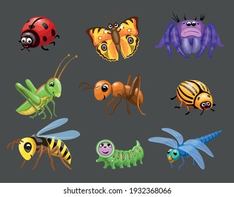 Cartoon funny bugs. caterpillar and butterfly, cute ladybug, Green grasshopper, spider children bugs, Baby insect.