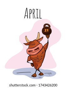 Cartoon funny bull holding a weight. Bull cartoon concept of a sports lifestyle and fitness classes. Ox symbol of the New year 2021 vector illustration for a postcard or calendar.