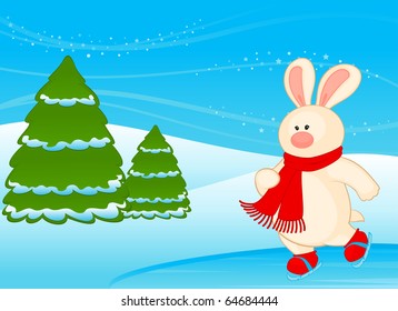 Cartoon funny bunny goes for a drive on skates. Vector illustration