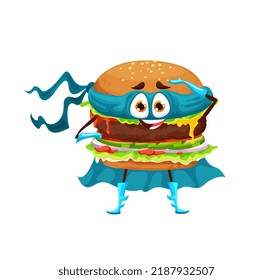 Cartoon Funny Burger Superhero Character. Fast Food Meal, Sandwich Cheerful Hero Or Defender Vector Personage. Hamburger With Ground Meat, Vegetables And Sauces Funny Defender Character