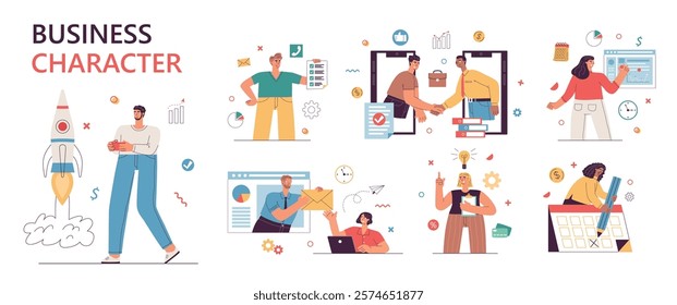 Cartoon funny business people work. Interaction with tables, graphs, charts, office activity organization, successful planning, vector set
