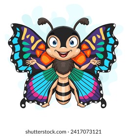 Cartoon funny butterfly flying on white background