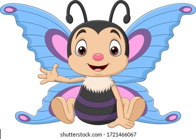 Cartoon funny butterfly sitting and waving